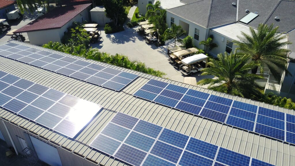 View of a rooftop solar system on the island of Jumby Bay.
