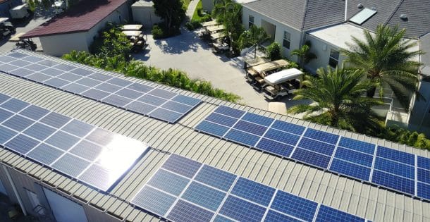 View of a rooftop solar system on the island of Jumby Bay.